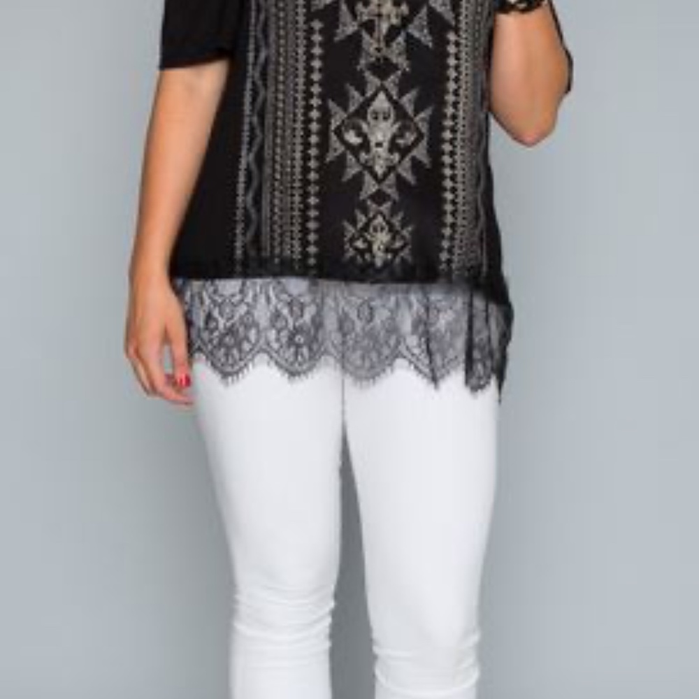 VOCAL BLACK GRAPHIC EMBELLISHED COLD SHOULDER TOP with LACE DETAIL - Picture 4 of 4
